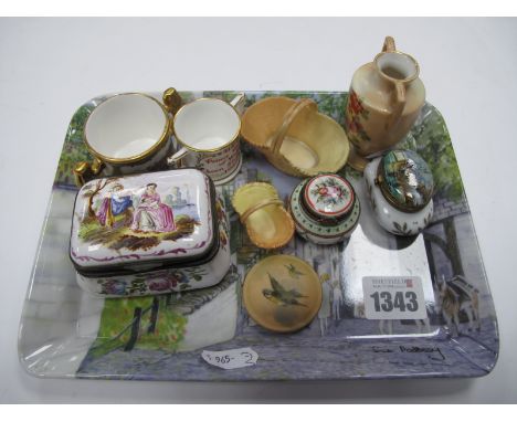 Limoges and Other Porcelain Trinket Boxes, Royal Worcester, miniature blush ivory baskets (puce mark), Paragon and Royal Crow