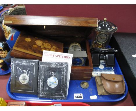 An Inlaid Musical Jewel Box, playing 'Dr Zhivago', brass bound wooden box, Viewmaster and cards, D-Day 'Aces of the Air' silv