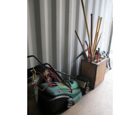 Edging Shears, watering can, other gardening tools; together with a Qualcast Electric Lawnmower (cable damaged, requires re w