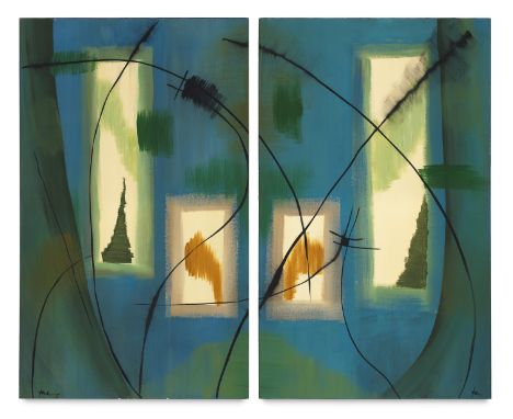 Hans Jaenisch.  (1907 Eilenstedt - 1989 Amrum). o.T. (Kompositionen in blau). Diptychon. 1955. Je Öl und Tempera auf Papier, 