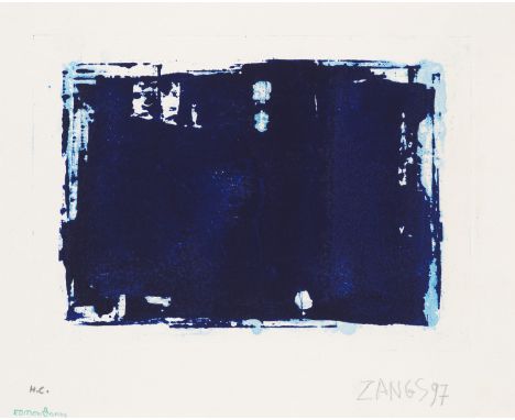 Herbert Zangs.  (1924 - 2003 Krefeld). o.T. (Blaue Flächenformation). 1997. Hell- und Dunkelblauer Tiefdruck in Acryl. (Handd