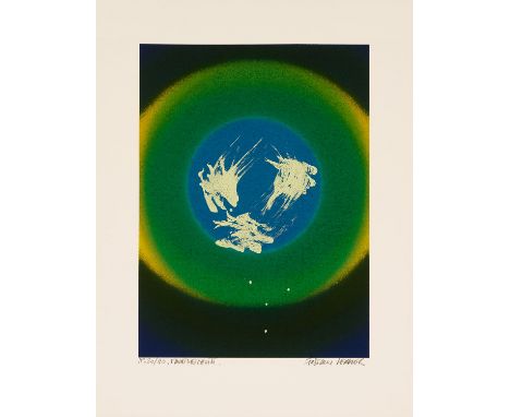 Fabienne Verdier. Mnatobichvili. 2024. Farbsiebdruck in Ockerorange, Dunkelgrün, Somernachtsblau und Emailweiß-Deckung auf Ve