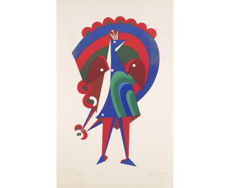 Klassische Moderne Michel Larionov (1881 Tiraspol - 1964 Fontenay-aux-Roses)Le Paon. Pochoir auf Vélin. 1919.  40 x 24 cm (51
