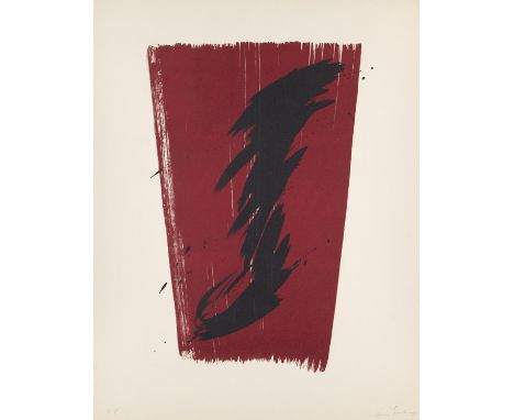 Hans Hartung.  (1904 Leipzig - 1989 Antibes). L 59. 1958. Lithographie in Zinnoberrot und Schwarz auf Velin Johannot. 50,7 x 