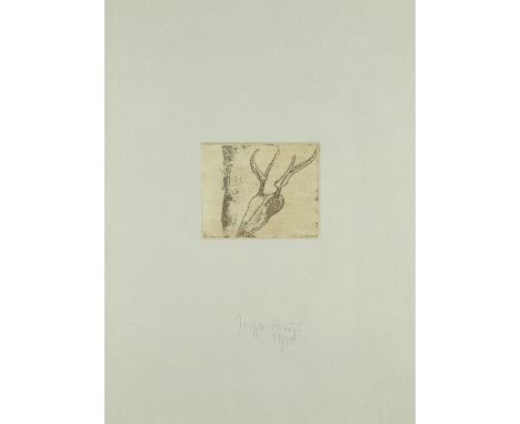 Joseph Beuys.  (1921 Krefeld - 1986 Düsseldorf). Hirsch-Schädel, aus: Tränen. 1985. Radierung auf Papier, ganzflächig auf gra
