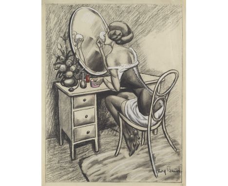 Rudolf Bauer.  (1889 Lindenwald, Posen - 1953 Deal, New Jersey). o.T. (Frau am Spiegel). Um 1910. Kohle und farbige Kreide au