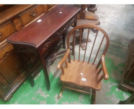 Stained hardwood console table 82cm W together with Childs Oak rocking chair 