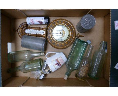 A mixed collection of items to include vintage bottles, antique coffee tins, wall barometer, Famous Grouse miniature &amp; ho