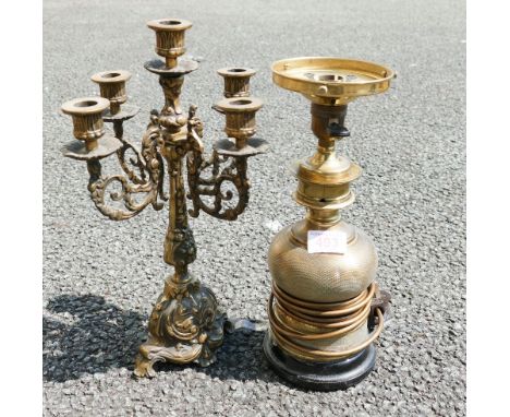 Brass Gohic type Candlestick &amp; converted oil lamp(2) 