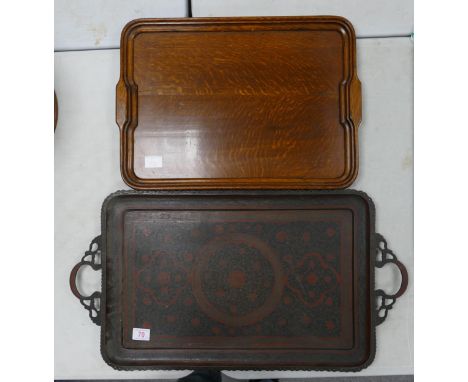 Large Enamelled Antique Serving tray &amp; similar oak item(2) 