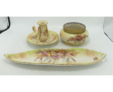Carlton blush ware items with Heather decoration to include gimbal  candlestick(a/f) , pot pori dish &amp; leaf shaped platte