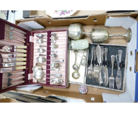 A collection of cased cutlery, two silver plates goblets &amp; Wedgwood type glass paperweight 