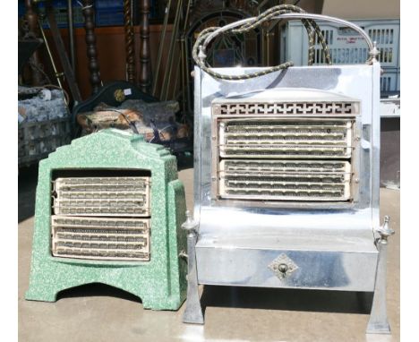 Two vintage heaters, one chrome, the other in green enamel 