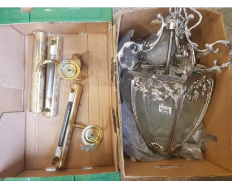 New and unused Victorian Gothic Revival style ceiling hanging light fitting in silvered metal finish, with 5 panel etched gla
