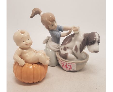Lladro 4455 figure of girl washing hound &amp; Nao figure of Baby on Cushion 12cm(2)