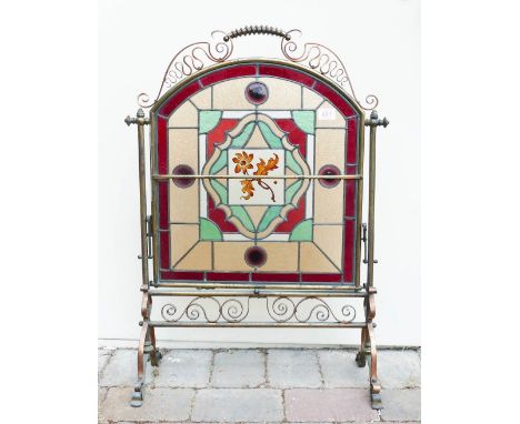 Copper and Brass framed stained glass fire screen. height 83 width 53cm 