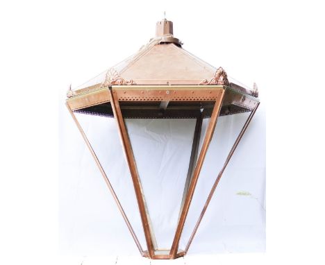 Large Vintage Copper Street Lamp Sized Shade / Lantern, with top mounted fittings height 100cm (missing glass panels)