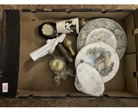 A mixed collection of items to include mantle clock, Lladro figure of a girl holding a basket, Wedgwood Dye Ken and John Peel