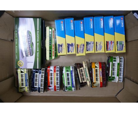 A collection of Boxed Corgi Classics Model trams including Blackpool Balloon Tram, Leicester, Leeds, Glasgow, Dundee, Wallase