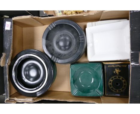 A collection of Wade Multi Branded Advertising Ash trays &amp; similar JPS mantle clock .  These items were removed from the 
