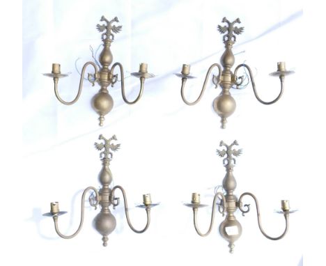 Four Vintage Flemish Style Brass Wall Light Sconces, height 36cm(4) 