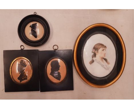 An interesting group of items to include a handpainted on ceramic portrait of a young lady, a reverse painted on glass in ebo