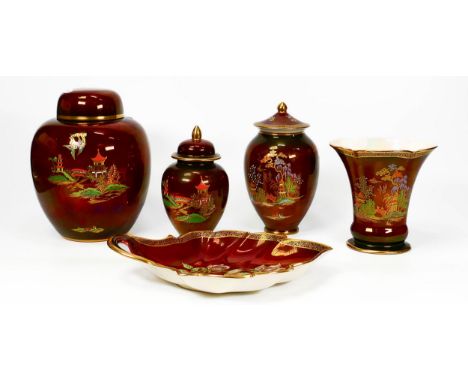 A collection of Crown Devon &amp; Carltonware Rouge Royale patterned items including lidded pots, ginger jar, vases etc (5) 