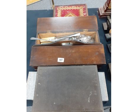 VICTORIAN WOODEN CUTLERY BOX WITH SILVER PLATED CANTEEN OF CUTLERY, 6 FRUIT KNIFES &amp; FORKS, BOX SET OF BONE HANDLED CARVE