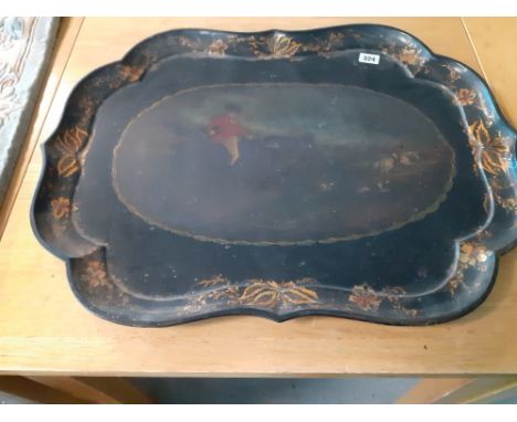 19C PAPER MACHE TRAY PAINTED HUNTING SCENE