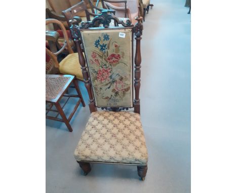 VICTORIAN CARVED MAHOGANY BEDROOM CHAIR WITH TAPESTRY BACK