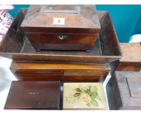 VICTORIAN MAHOGANY TEA CADDY, VICTORIAN WRITING SLOPE ETC (5)