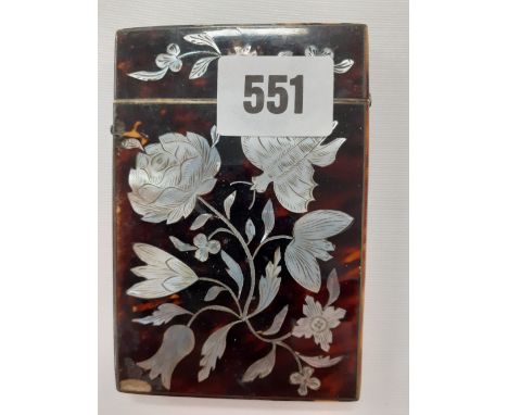 19C TORTOISESHELL CARD CASE WITH INLAID MOTHER OF PEARL FLOWER DECORATION