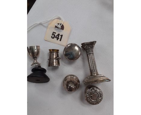 COLLECTION OF 6H/M SILVER MINIATURE ITEMS. A SMALL TROPHY, CHURN, CANDLESTICK, PEPPER, TWO PILL BOXES