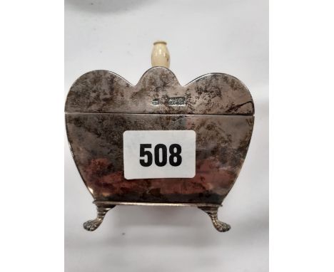 EDWARDIAN SILVER TEA CADDY AND SPOON WITH UNUSUAL HINGED DOMED TOP TO IVOY TURNED FINIAL STANDING ON FOUR LION PAW FEET 4' HI