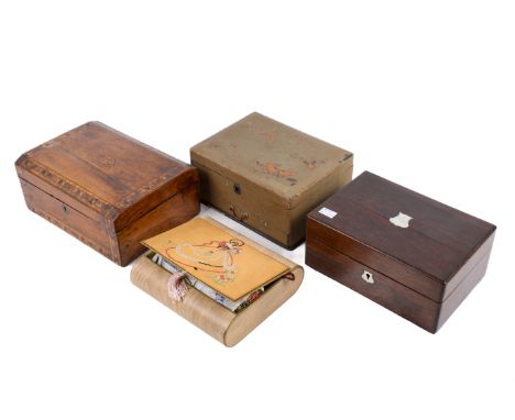 A collection of four assorted antique and vintage sewing / jewellery boxes. Including a Japanese lacquer work box decorated w