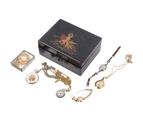 A collection of ladies watches. Including a Leda fob watch, a contemporary nurse's watch, a Mount Royal pocket watch in a gil