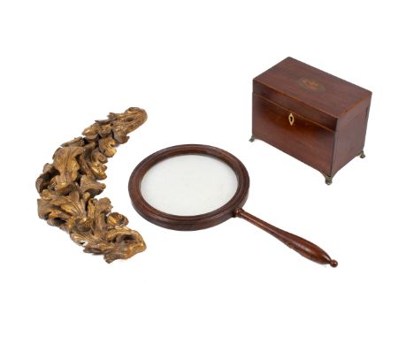 Three 19th century collectables. Comprising a large magnifying glass with a oak handle and case, L40.5cm, an inlaid mahogany 
