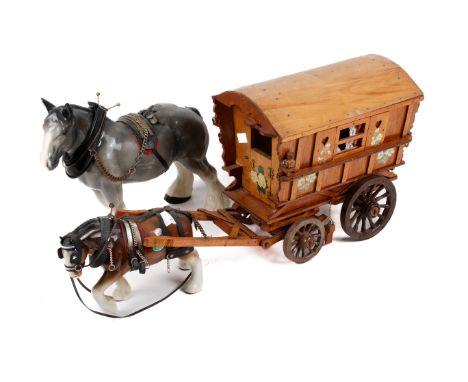 Two ceramic Shire horses and a scratch built plywood caravan. Max. H29cm