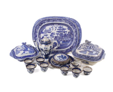 A tea and dinner service printed with the blue and white 'Old Willow' pattern. Including a Booths six piece tea service, thre