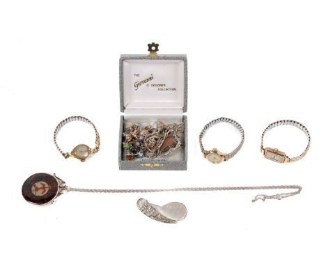 A small group of gold, silver and costume jewellery. Including a 9ct gold cased vintage ladies watch, narrow silver chains, e