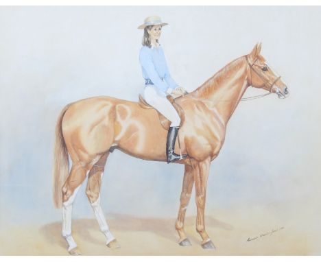 A watercolour portrait of a horse and rider titled 'Myshkin. Signed Alexander Charles Jones and dated 1980. In a modern gilt 