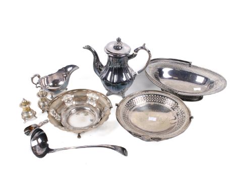 Quantity of assorted silver plated and white metal items. Including a coffee pot, a ladle and baskets, etc. Max. H23cm