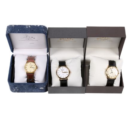 Three gentlemen's Rotary wristwatches. Comprising one with a tan dial with baton hour markers and a date aperture, within a g
