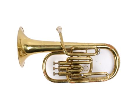 A vintage Parrot brass euphonium, cased. Comes with mouth piece, three valves, bell diameter 19cm, 48cm long.