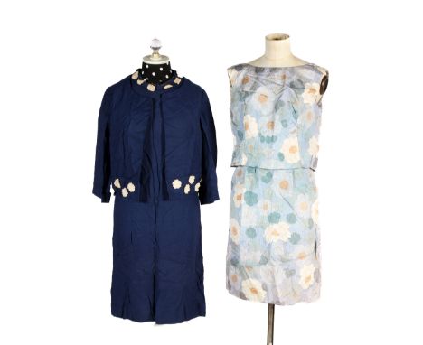 Two vintage ladies dresses. Comprising a Laura Phillips Barron blue high neck dress and matching bolero, both with white flow