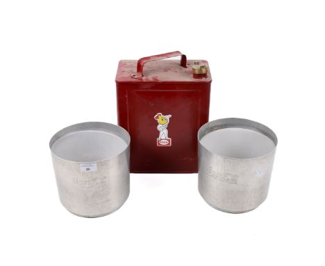A group of three collectable items. Comprising two vintage aluminium Coca-Cola ice buckets and a petrol can. Max. H32cm