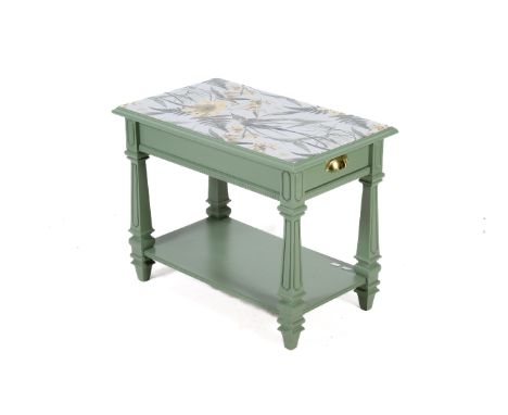 A modern side/coffee table with vinyl decorative top. Painted sage green, with a drawer to one end and a shelf beneath. H54cm