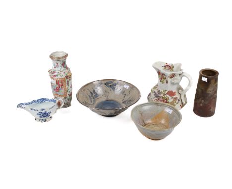 A collection of six assorted ceramic items. Including a 20th century Canton Famille Rose vase, two studio pottery bowls and a