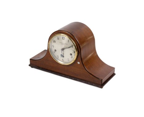 Early 20th century mahogany cased chiming mantel clock. 'Pleasance & Harper, Bristol', having silvered dial with Arabic numer