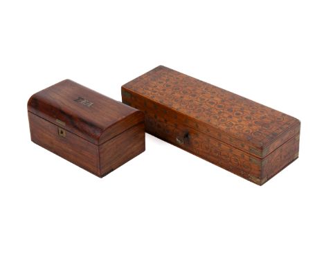 A tea caddy and an inlaid Indian box. The rosewood tea caddy having the word 'TEA' inlaid in brass to the lid, containing two